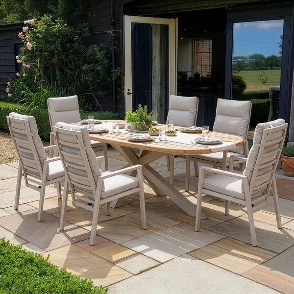 Oak Garden Land - Sicily Teak 6 Seat Dining Set with Valencia Reclining Dining Chairs - Latte