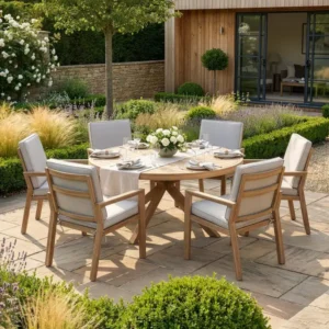 Oak Garden Land - New York 6 Seat Round Aluminium Dining Set - Wood Effect