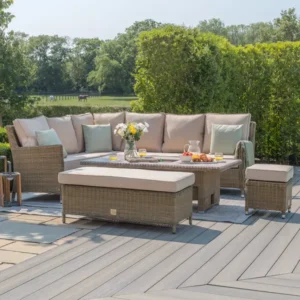 Oak Garden Land - Winchester Corner Rattan Dining Set with Ice Bucket & Rising Table - Ceramic Glass