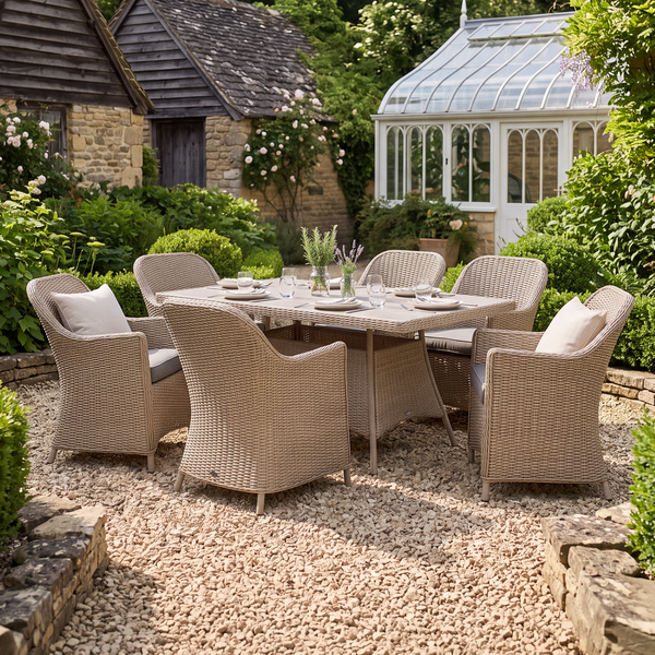 Oak Garden Land - Turin 6 Seat Rectangular Rattan Dining Set - Natural
