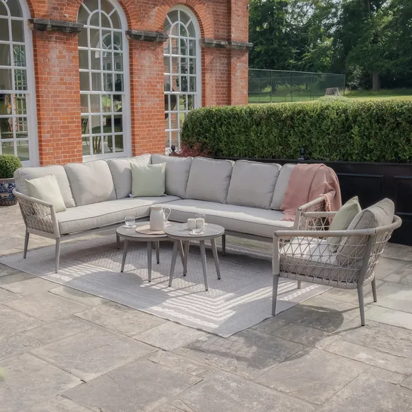 Oak Garden Land - Monaco Rope Weave Large Corner with Pair of Round Coffee Tables & Armchair - Cool Linen