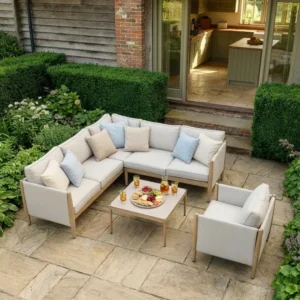 Oak Garden Land - Burford Small Aluminium Corner Sofa Set with Square Coffee Table & Armchair - Almond