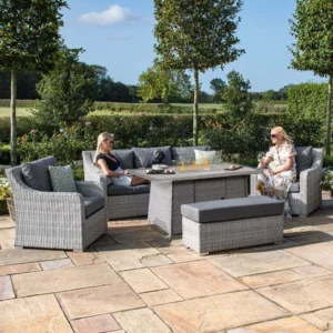 Oak Garden Land - Ascot 3 Seat Rattan Sofa Dining Set with Fire Pit Table & Weatherproof Cushions