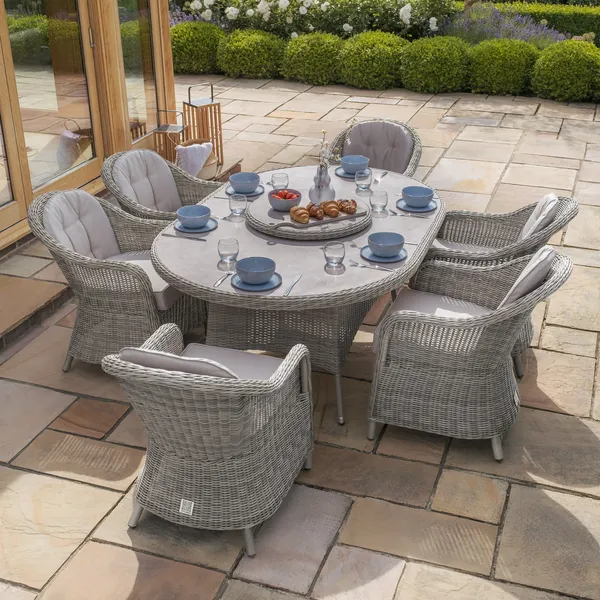 Oak Garden Land - Oxford 6 Seat Oval Dining Set with Heritage Dining Chairs & Woven Lazy Susan - Ceramic Glass
