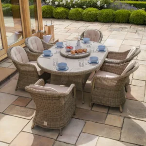 Oak Garden Land - Winchester 6 Seat Oval Dining Set with Heritage Dining Chairs & Woven Lazy Susan - Ceramic Glass