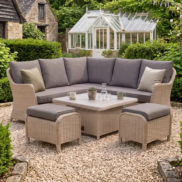 Oak Garden Land - Turin Small Rattan Corner Dining Set with Square Rising Table & Footstools - Natural