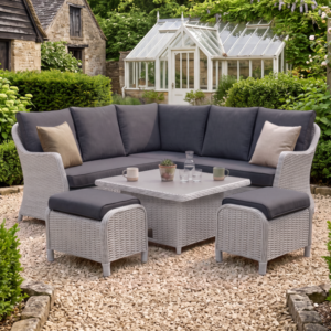 Oak Garden Land - Turin Small Rattan Corner Dining Set with Square Rising Table & Footstools - Light Grey