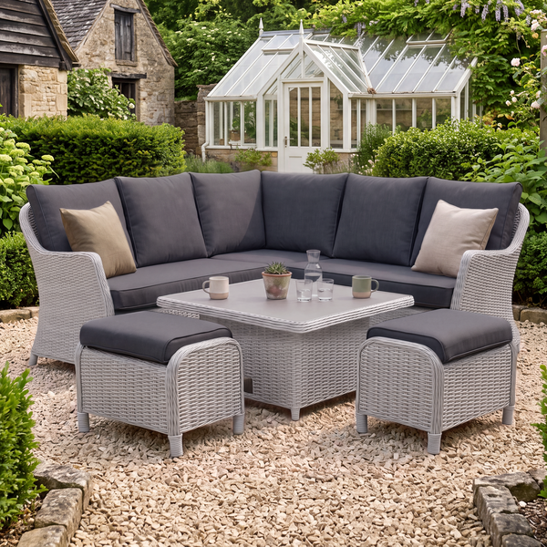Oak Garden Land - Turin Small Rattan Corner Dining Set with Square Rising Table & Footstools - Light Grey