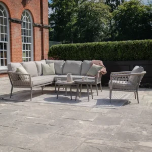 Oak Garden Land - Monaco Rope Weave Small Corner with Pair of Round Coffee Tables & Armchair - Cool Linen
