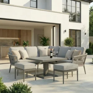 Oak Garden Land - Monaco Rope Weave Small Corner Dining Set with Square Rising Table & Footstools - Cool Linen