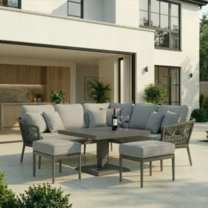 Oak Garden Land - Monaco Rope Weave Small Corner Dining Set with Square Rising Table & Footstools - Ivy Green