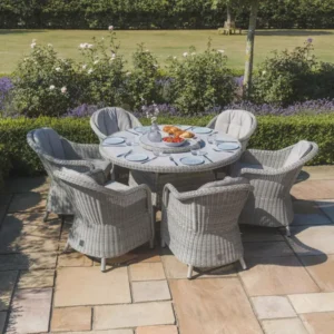 Oak Garden Land - Oxford 6 Seat Round Dining Set with Heritage Dining Chairs & Woven Lazy Susan - Ceramic Glass