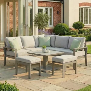 Oak Garden Land - Montreal Aluminium Small Garden Sofa Dining Set with Square Rising Table & Footstools - Cool Linen