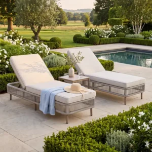 Oak Garden Land - Havana Rope Weave Sunlounger Set with Square Side Table - Ceramic Glass