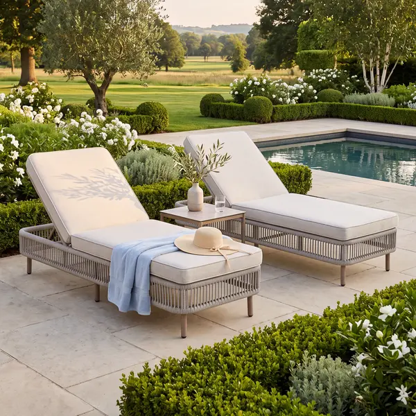 Oak Garden Land - Havana Rope Weave Sunlounger Set with Square Side Table - Ceramic Glass