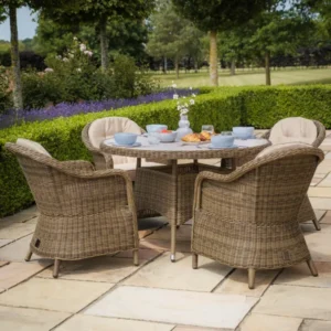 Oak Garden Land - Winchester Heritage 4 Seat Round Rattan Dining Set - Ceramic Glass