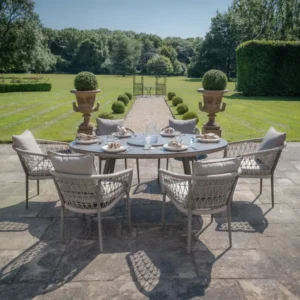Oak Garden Land - Monaco Rope Weave 6 Seat Oval Dining Set with Lazy Susan - Cool Linen