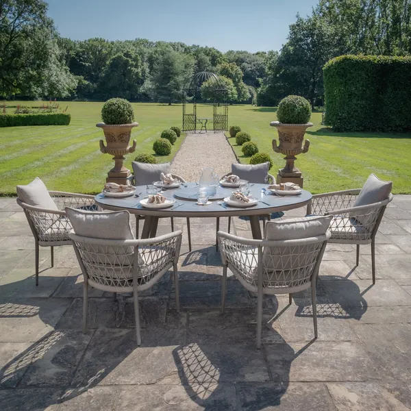 Oak Garden Land - Monaco Rope Weave 6 Seat Oval Dining Set with Lazy Susan - Cool Linen