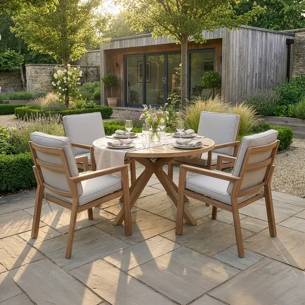 Oak Garden Land - New York 4 Seat Round Aluminium Dining Set - Wood Effect