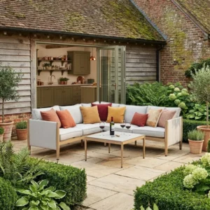 Oak Garden Land - Burford Small Aluminium Corner Sofa Set with Square Coffee Table - Almond