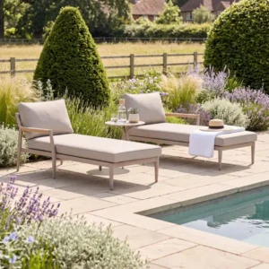 Oak Garden Land - Cambridge Rattan Rope Double Sunlounger Set with Round Sintered Stone Coffee Table