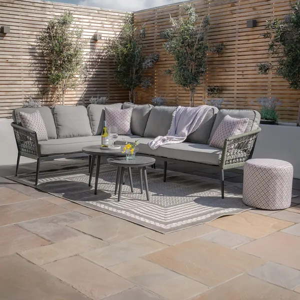 Oak Garden Land - Monaco Rope Weave Large Corner with Pair of Round Coffee Tables - Ivy Green