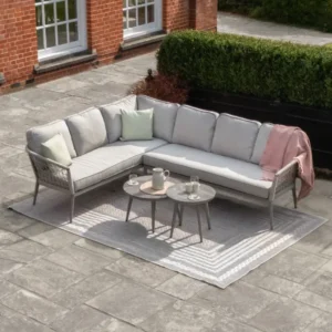 Oak Garden Land - Monaco Rope Weave Large Corner with Pair of Round Coffee Tables - Cool Linen