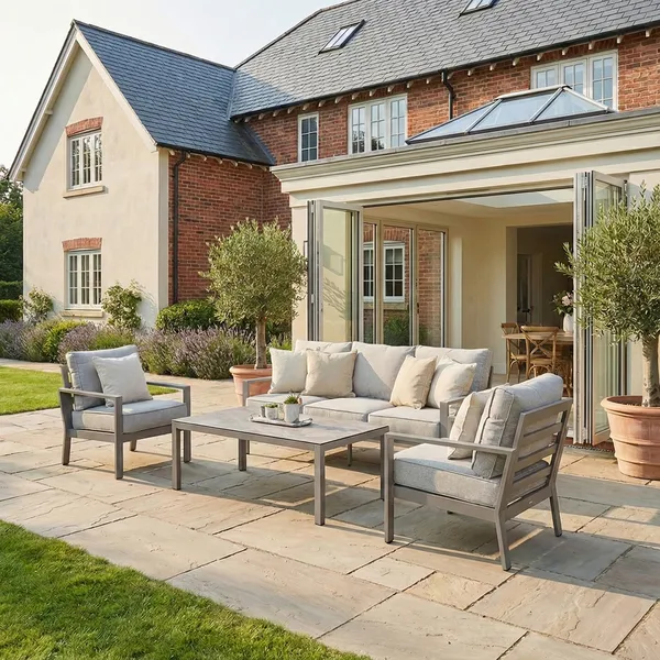 Oak Garden Land - Montreal Aluminium 3 Seat Garden Sofa Set with Rectangular Coffee Table - Cool Linen