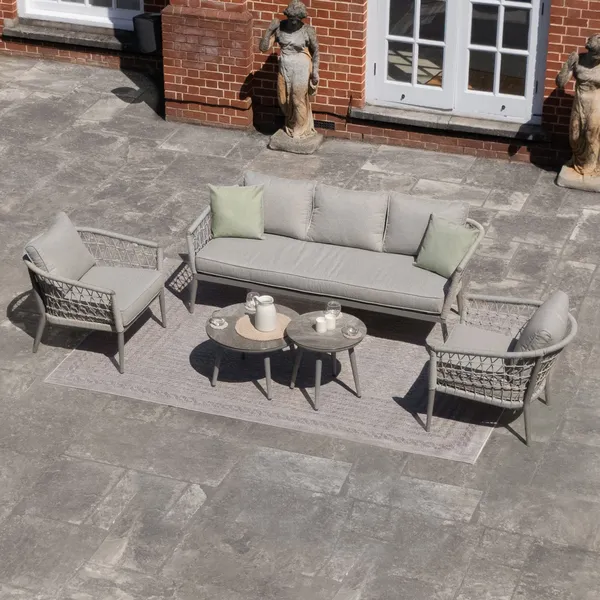 Oak Garden Land - Monaco Rope Weave 3 Seat Sofa Set with Pair of Round Coffee Tables - Cool Linen