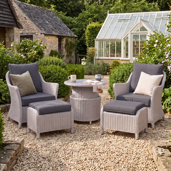 Oak Garden Land - Turin 5 Piece Rattan Lounge Set with Round Rising Table - Light Grey