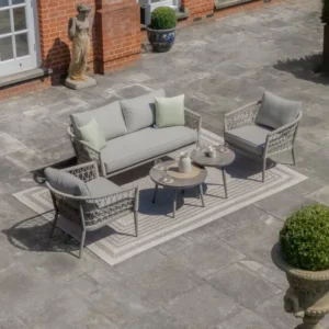 Oak Garden Land - Monaco Rope Weave 2 Seat Sofa Set with Pair of Round Coffee Tables - Cool Linen