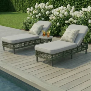 Oak Garden Land - Monaco Rope Weave Sunlounger Set with Round Side Table - Ivy Green