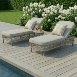 Oak Garden Land - Monaco Rope Weave Sunlounger Set with Round Side Table - Cool Linen