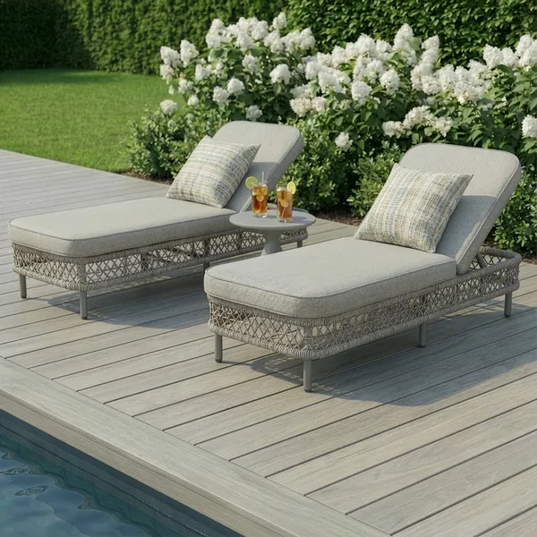 Oak Garden Land - Monaco Rope Weave Sunlounger Set with Round Side Table - Cool Linen