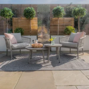 Oak Garden Land - Monaco Rope Weave Lounge Set with 2 Round Coffee Tables - Cool Linen