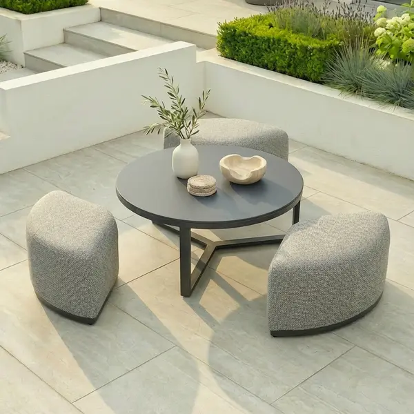 Oak Garden Land - Outdoor Fabric Round Coffee Table & 3 Footstools - Zinc Grey