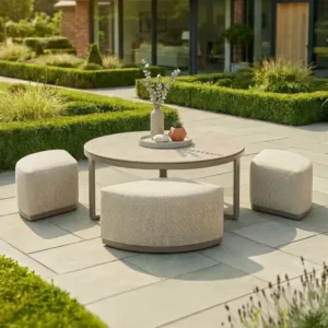 Oak Garden Land - Outdoor Fabric Round Coffee Table & 3 Footstools - Latte