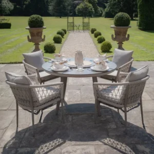 Oak Garden Land - Monaco Rope Weave 4 Seat Round Dining Set with Lazy Susan - Cool Linen