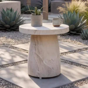 Oak Garden Land - Round Stone Small Side Table in Marble Effect