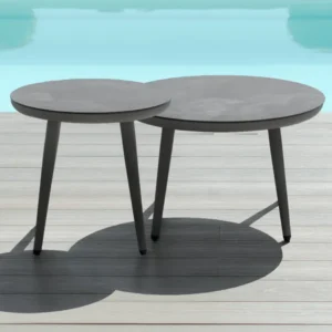 Oak Garden Land - Pair of Round Coffee Tables with Ceramic Marble Effect Tops - Charcoal