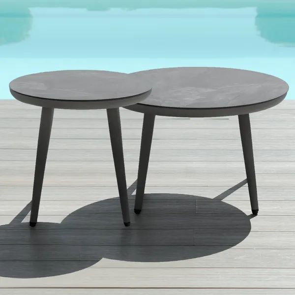Oak Garden Land - Pair of Round Coffee Tables with Ceramic Marble Effect Tops - Charcoal