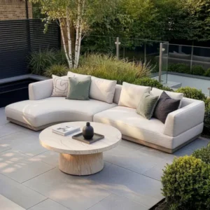 Oak Garden Land - Outdoor Fabric Lyon Left-Handed Small Corner Sofa Set with Round Table - Pebble