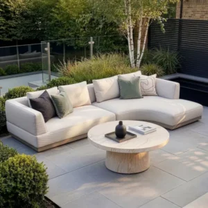 Oak Garden Land - Outdoor Fabric Lyon Small Corner Sofa Set with Round Table - Pebble