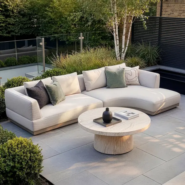Oak Garden Land - Outdoor Fabric Lyon Small Corner Sofa Set with Round Table - Pebble