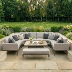 Oak Garden Land - Outdoor Fabric Pulse U Shape Corner Dining Set with Rising Table - Latte
