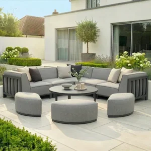 Oak Garden Land - Outdoor Fabric Ibiza Small Corner Sofa Set with Round Coffee Table & 3 Footstools - Zinc Grey