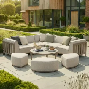 Oak Garden Land - Outdoor Fabric Ibiza Small Corner Sofa Set with Round Coffee Table & 3 Footstools - Latte