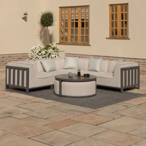 Oak Garden Land - Outdoor Fabric Ibiza Small Corner Sofa Set with Round Coffee Table & 3 Footstools - Oatmeal