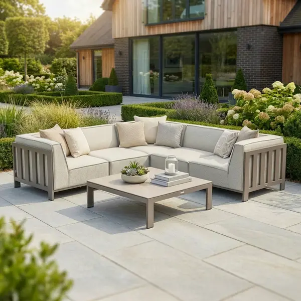 Oak Garden Land - Outdoor Fabric Ibiza Small Corner Sofa Set with Square Coffee Table - Latte