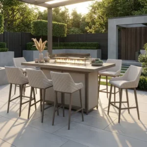 Oak Garden Land - Outdoor Fabric Regal 8 Seat Rectangular Bar Set with Fire Pit Table - Latte